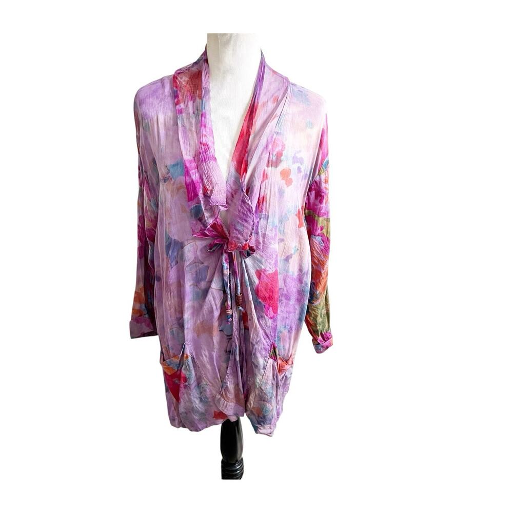 URU Women’s Tie Front Kimono Abstract Floral Print Purple One Size Lagenlook